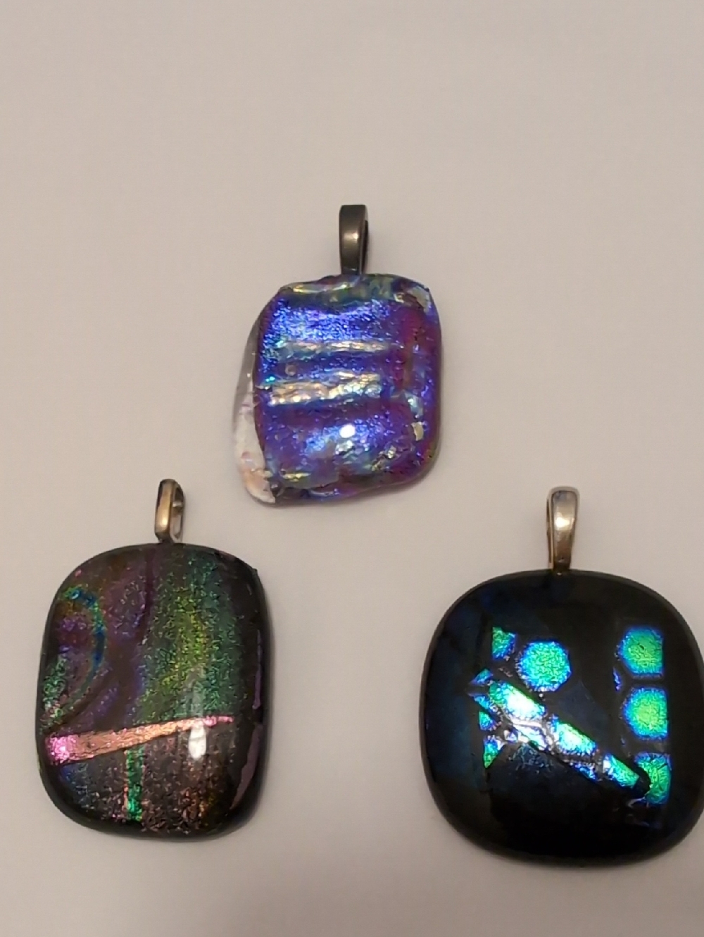 3 Dichroic Glass pendents Blue, Purple, green